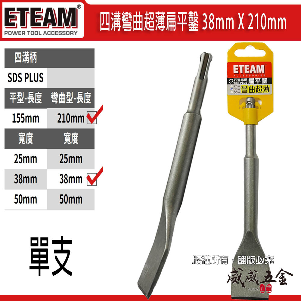 ETEAM 一等｜38mm 長 210mm 四溝彎曲超薄扁平鑿 超薄平鑿 電鑽平鉆 破壞鑿｜SDS PLUS