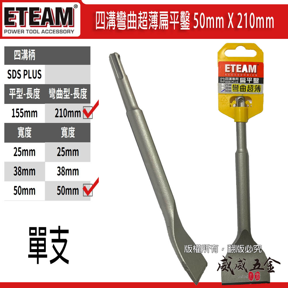 ETEAM 一等｜50mm 長 210mm 四溝彎曲超薄扁平鑿 超薄平鑿 電鑽平鉆 破壞鑿｜SDS PLUS