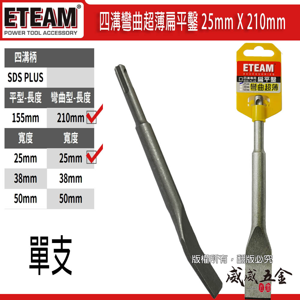ETEAM 一等｜25mm 長 210mm 四溝彎曲超薄扁平鑿 超薄平鑿 電鑽平鉆 破壞鑿｜SDS PLUS