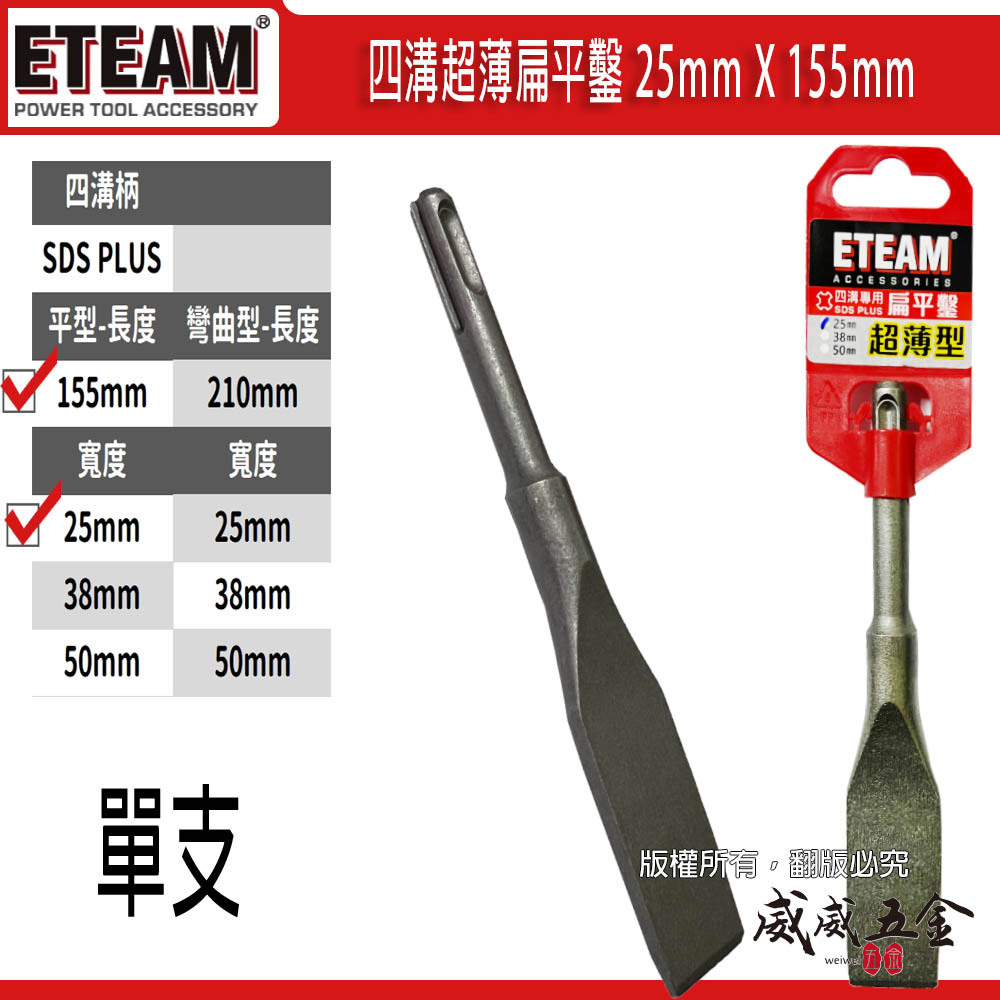 ETEAM 一等｜25mm 長 155mm 四溝專用超薄扁平鑿 超薄平鑿 電鑽平鉆 破壞鑿｜SDS PLUS