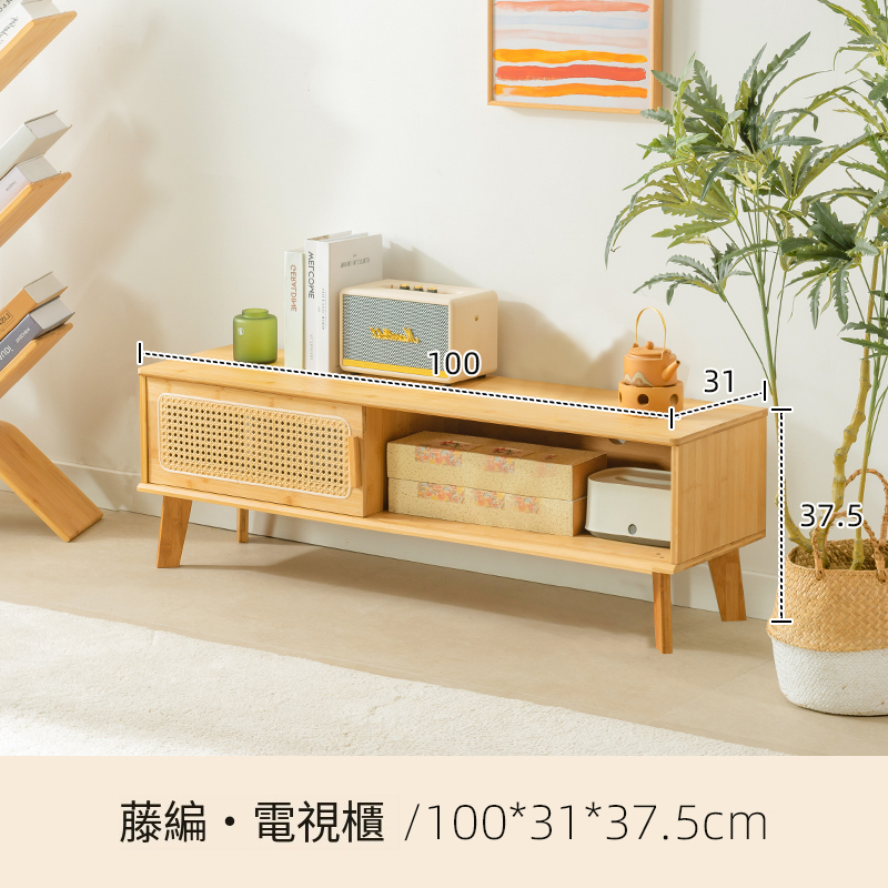 熱推日式電視櫃茶几組合小戶型矮櫃客廳原木風藤編移門儲物櫃 100cm