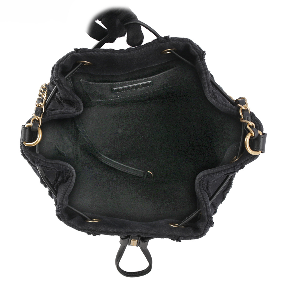 【CHANEL】V紋布質金色皮穿鍊束口水桶包(黑色) A93727 Y61146 94305