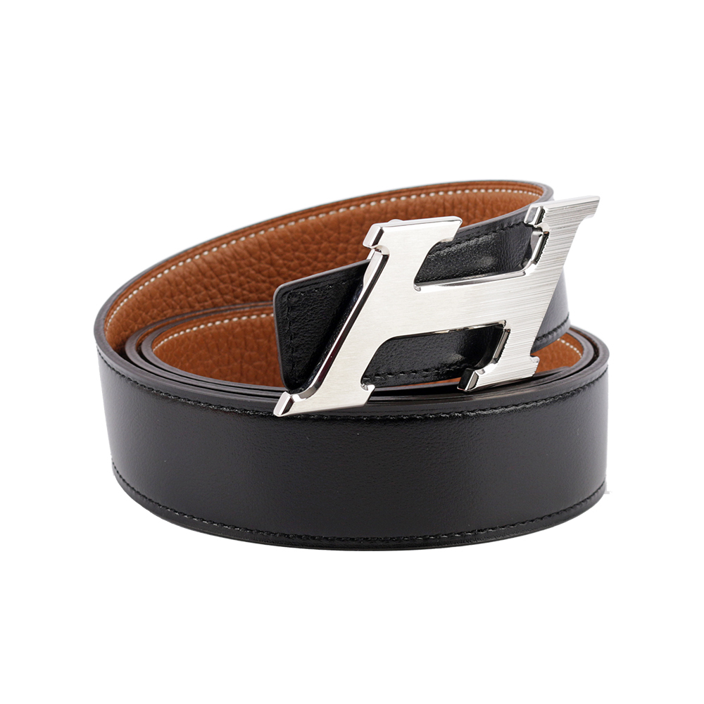 【HERMES】Speed H Logo 搭釦雙色雙面可用皮帶(黑色/金棕) 90cm HE1B000041