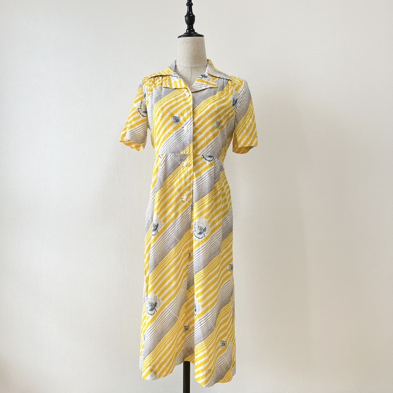 黃色斜紋綿質古著連身裙