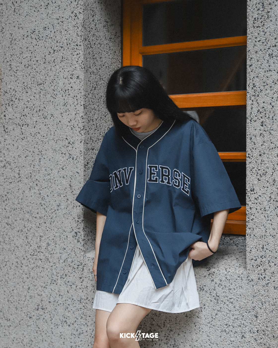 <特價，不退換> CONVERSE BASEBALL SHIRT 深藍 白 撞色 學院風 短袖 棒球襯衫【10027220】