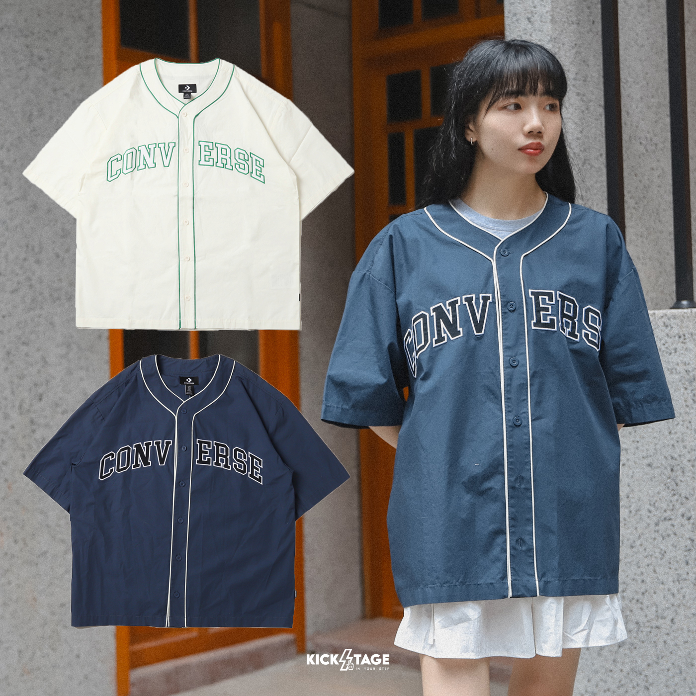<特價，不退換> CONVERSE BASEBALL SHIRT 深藍 白 撞色 學院風 短袖 棒球襯衫【10027220】