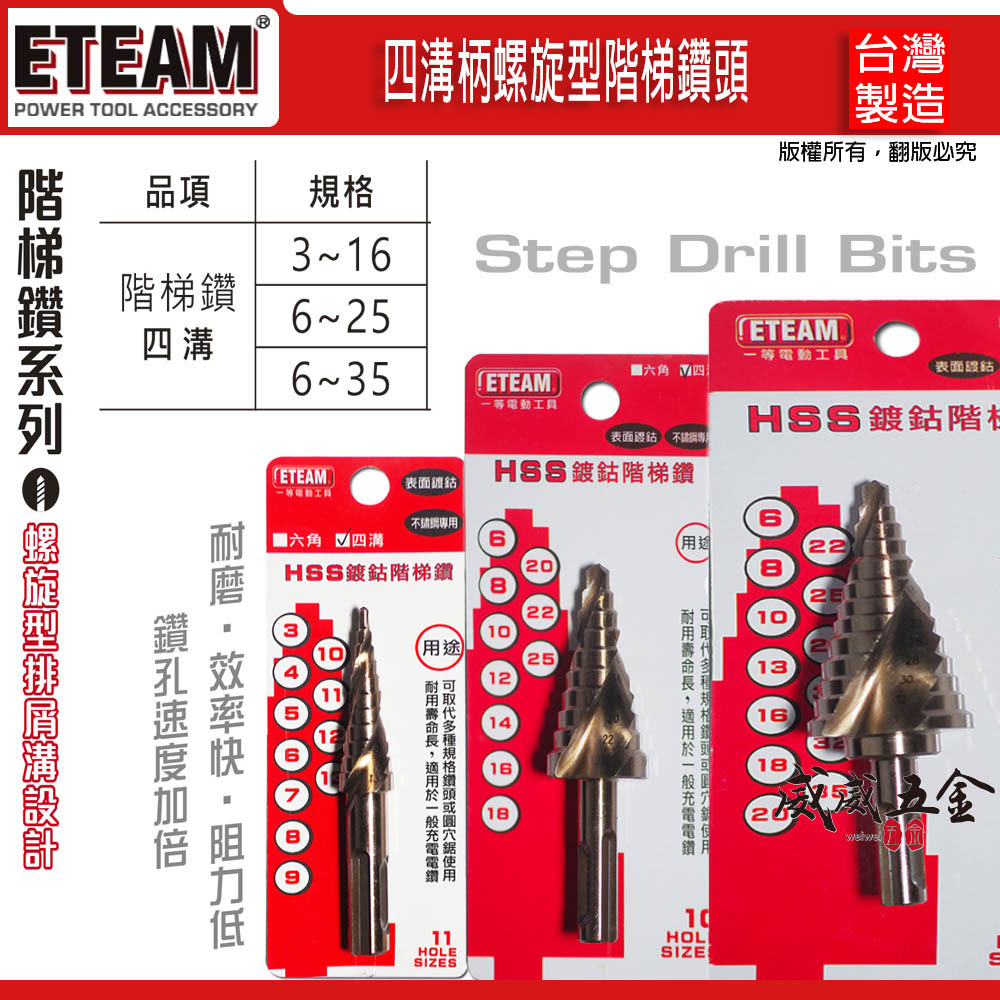 台灣製 ETEAM 一等｜HSS 六角柄 四溝階梯鑽頭 鍍鈷階梯鑽｜四溝柄螺旋型階梯鑽 HSS 鑽頭 階梯鑽尾 薄白鐵用