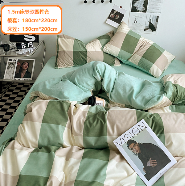 New striped milk velvet bedding (warm velvet-military green check) (1.5m fitted sheet style four-piece set [quilt cover: 180cm*220cm, fitted sheet: 150cm*200cm])