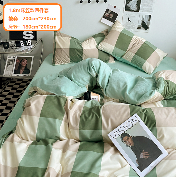 New striped milk velvet bedding (warm velvet-military green check) (1.8m fitted sheet style four-piece set [quilt cover: 200cm*230cm, fitted sheet: 180cm*200cm])