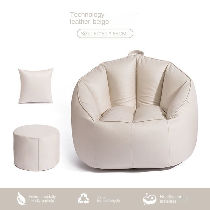 Hot push technology cloth small bean bag sofa living room single sofa (off-white + foot pad + square pillow)