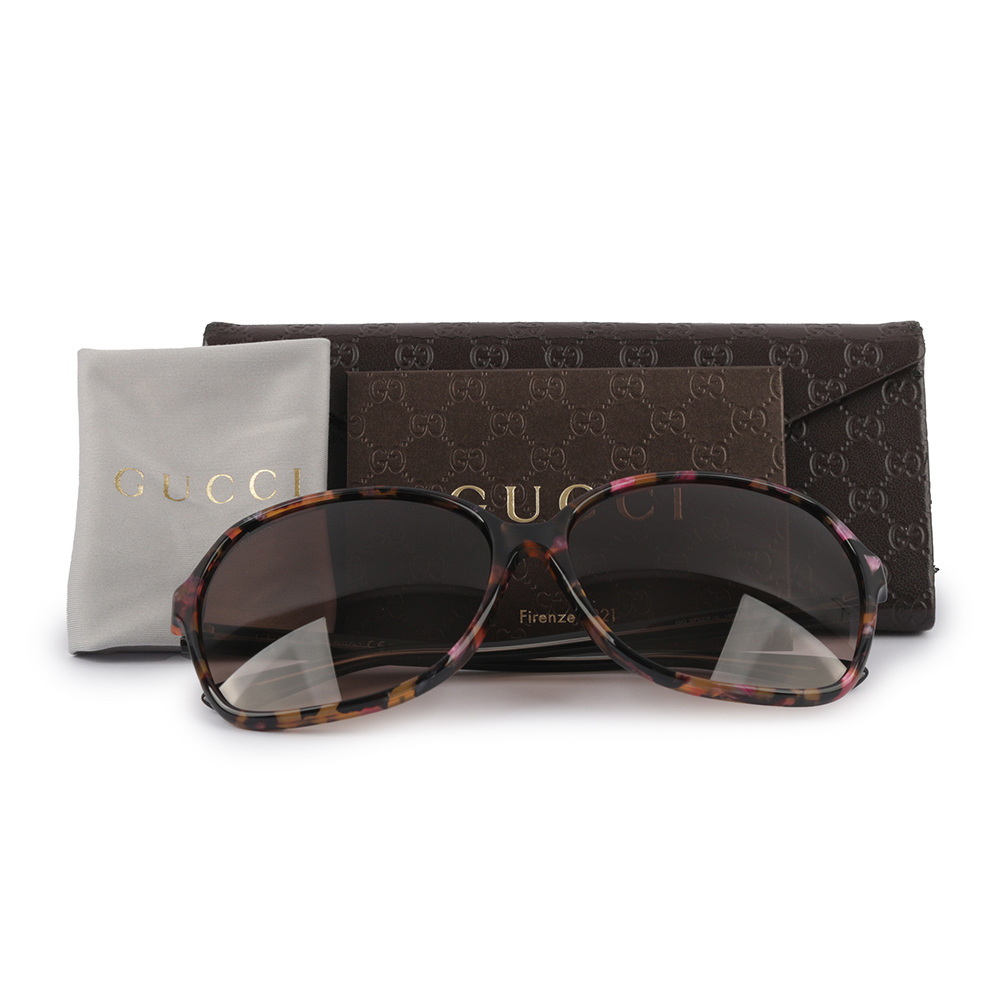 【GUCCI】GG Logo 粉橘色玳瑁花紋墨鏡(黑色) GU46000017