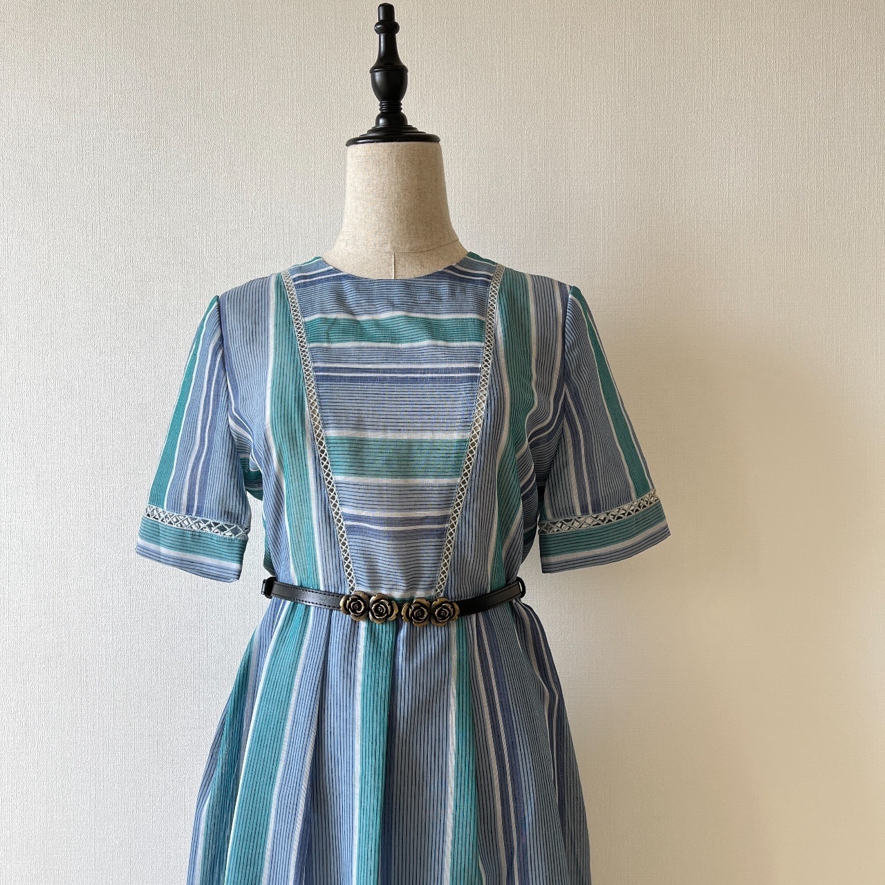 日本製藍綠色條紋古著連身裙