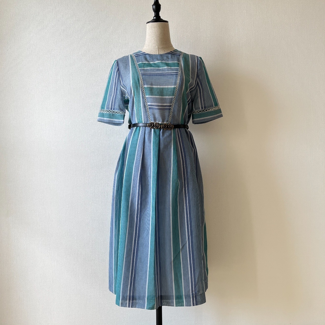 日本製藍綠色條紋古著連身裙