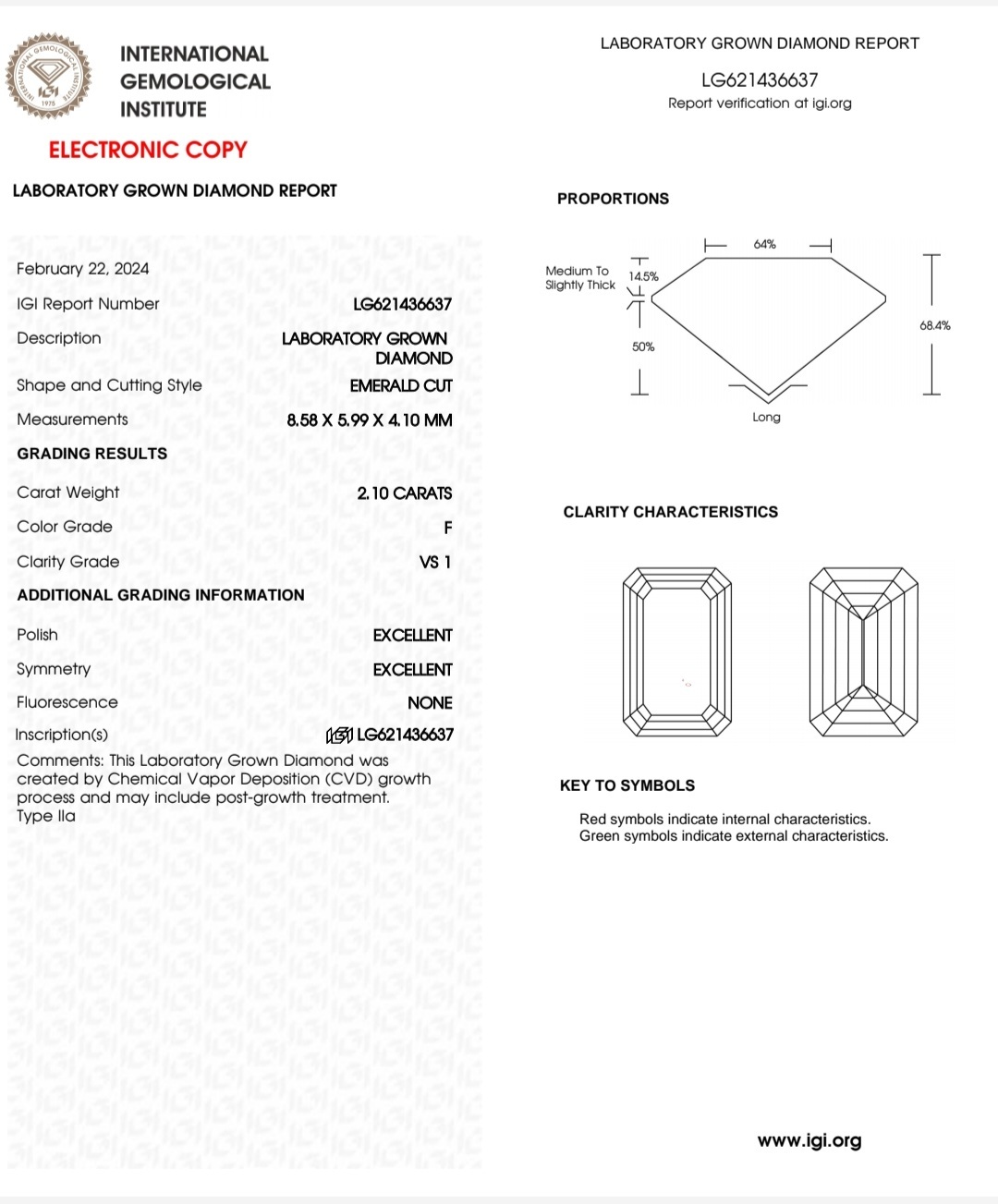 IGI LAB GROWN 2.10 F VS1 2EX NON