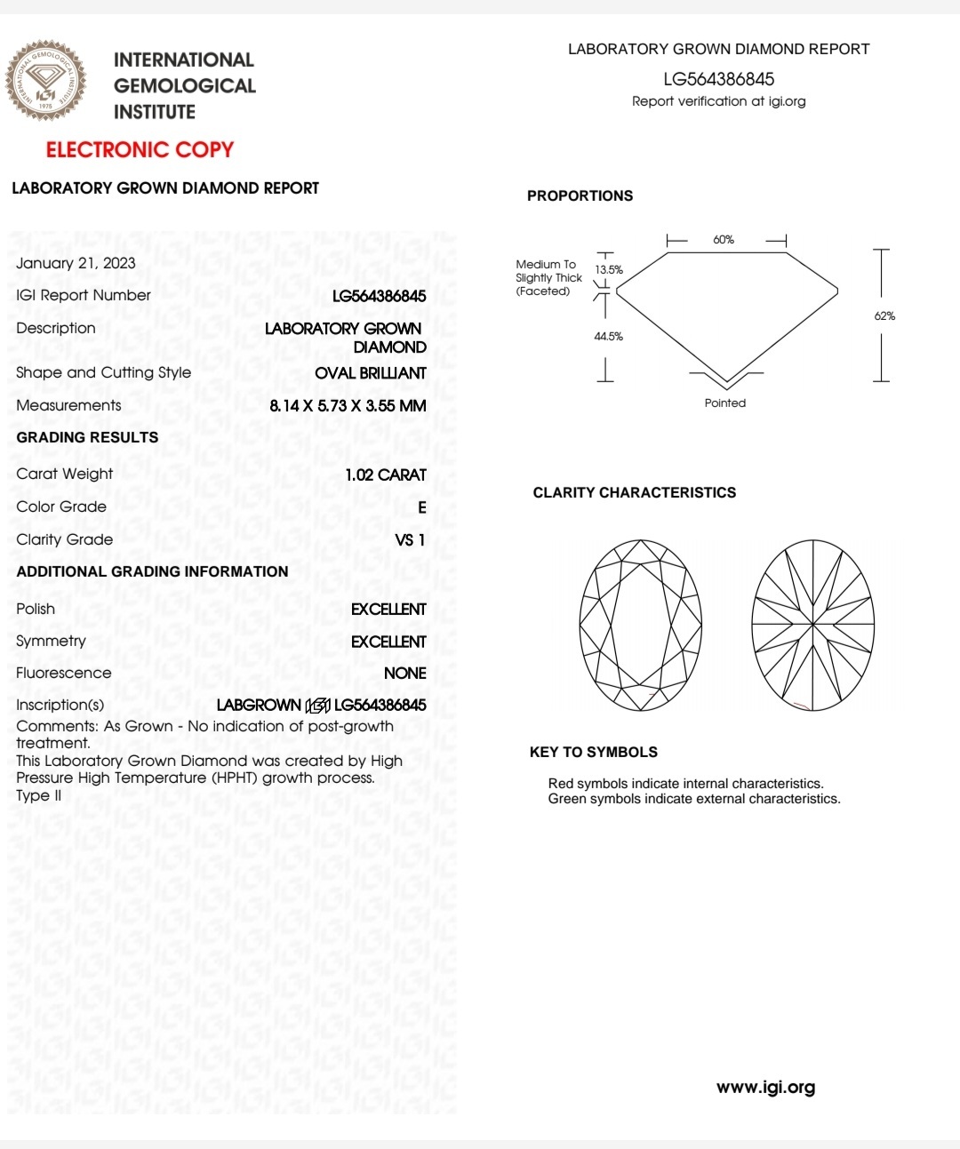 IGI LAB GROWN 1.02 E VS1 2EX NON
