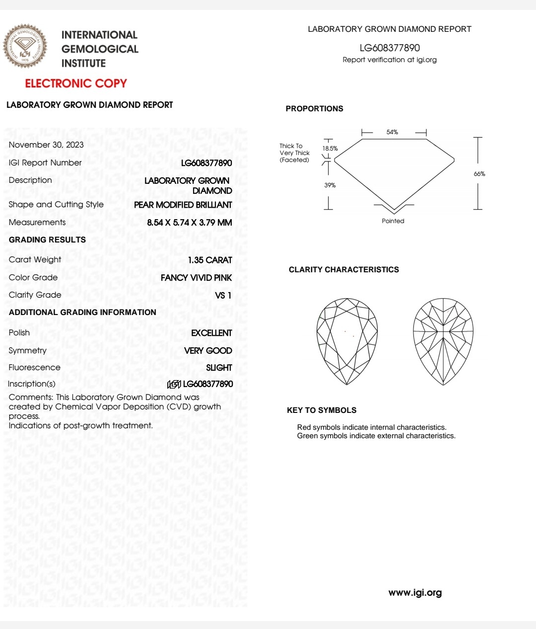 IGI LAB GROWN 1.35 F.V.P VVS1 EX VG SLIGHT