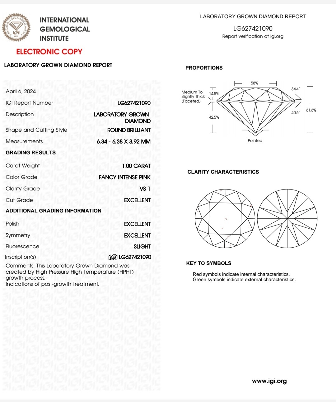 IGI LAB GROWN 1.00 F.I.P VS1 3EX SLIGHT