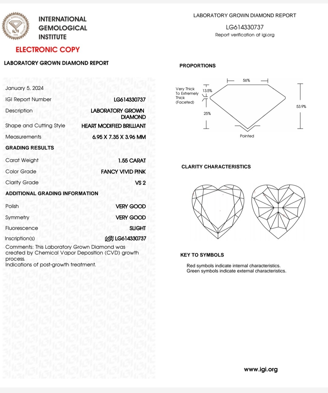 IGI LAB GROWN 1.55 F.V.P VS2 VGVG SLIGHT