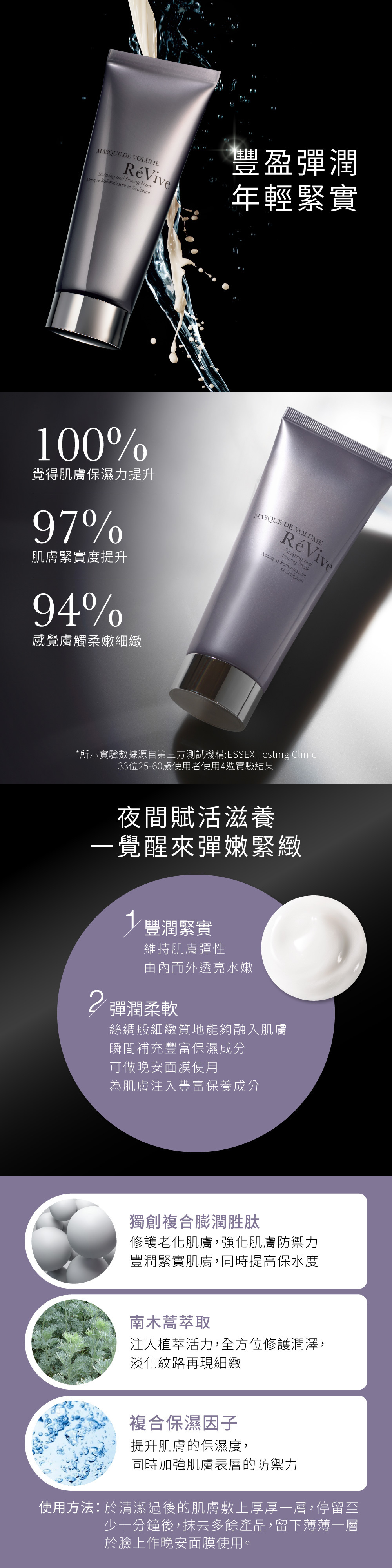 夜間賦活滋養,一覺醒來彈嫩緊緻!維持肌膚彈性,由內而外透亮水嫩。絲綢般細緻質地能夠融入肌膚,瞬間補充豐富保濕成分。可做晚安面膜使用,為肌膚注入豐富保養成分。