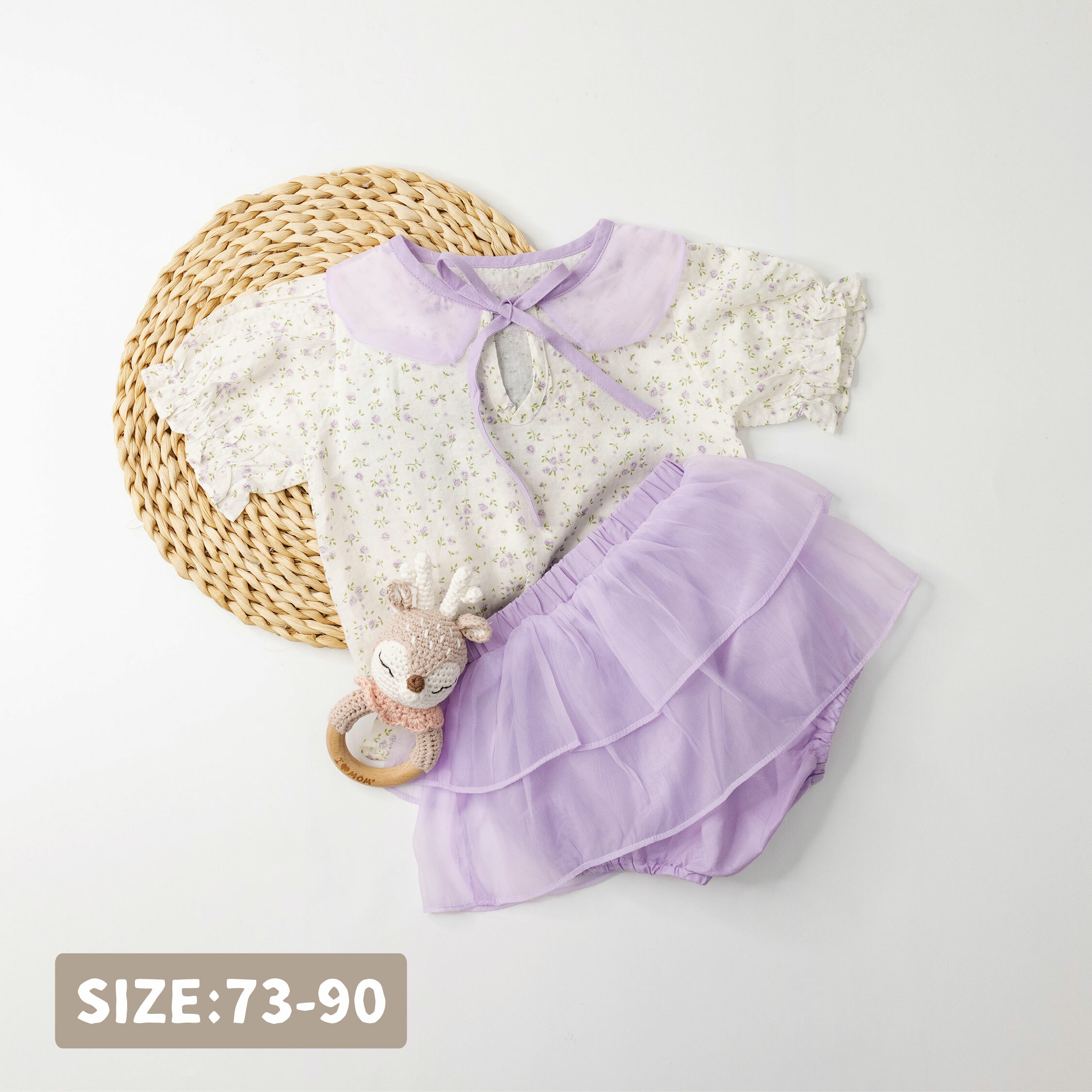 【JG0353】田園碎花網紗拼接套裝(衣+褲)