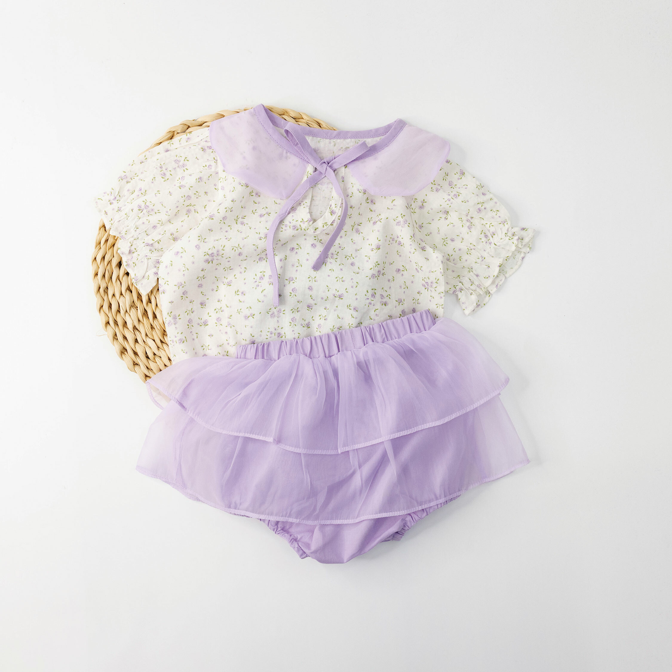 【JG0353】田園碎花網紗拼接套裝(衣+褲)