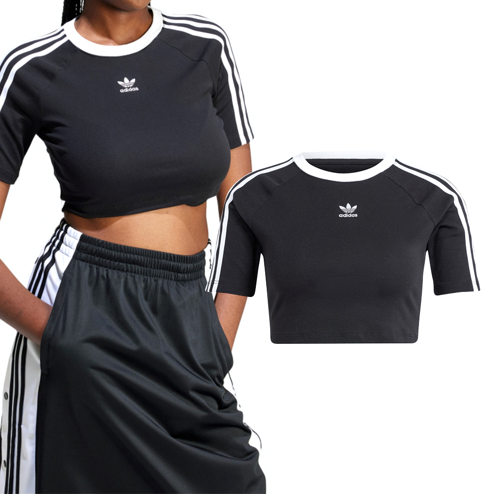 Adidas 3 S Baby Tee 女款 黑色 上衣 三線 短版 運動 三葉草 短袖 IU2532