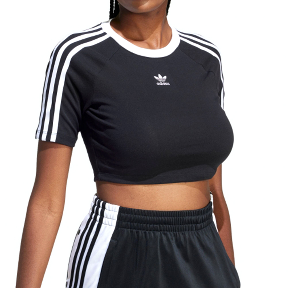Adidas 3 S Baby Tee 女款 黑色 上衣 三線 短版 運動 三葉草 短袖 IU2532