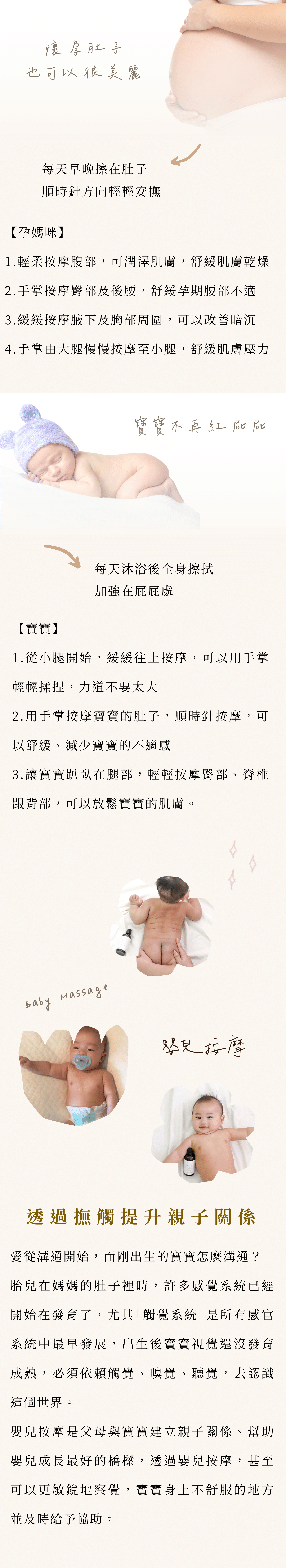 (媽媽版)好孕寶寶純淨按摩油 受眾:懷孕、有寶寶的媽咪、孕期肌膚乾燥、有細紋困擾、乾性肌膚、妊娠紋、寶寶、肚皮及腿部乾癢、寶寶皮膚乾燥脫皮 族群:孕媽咪、產後媽媽、寶寶紅屁屁、敏感肌 產品特色:孕媽咪及寶寶專用、敏感肌適用、 1.可以幫助或改善 2.產品簡介 3.特色 4.如何使用 5.成分 6.好評分享 7.加乘推薦商品 標題: 舒緩妳的孕期不適 媽媽與寶寶的專屬保養油 1.可以幫助或改善 改善孕期肚皮及腿部乾癢 產後為寶寶準備的第一瓶保養油 孕期、產後肌膚常見的問題 1.孕期肌膚乾癢,怕抓了會留疤或長出妊娠紋 2.產後壓力、荷爾蒙變化和疲勞,使媽咪的皮膚明顯變得乾燥、粗糙暗沉 *孕媽咪孕期因肌膚變化,容易乾癢或肚皮感受到擴張的不適感,藉由精油提升肌膚的潤澤度及彈性,可以舒緩肌膚不適。 *寶寶肌膚很敏感,天氣變化容易讓寶寶肌膚紅癢、乾燥、脫皮,有9成的寶寶都有肌膚問題,使用精油可以讓寶寶肌膚形成保護膜,改善肌膚問題。 2.產品簡介 好孕寶寶純淨按摩油是專為孕媽咪及寶寶調和的按摩用精油,按摩全身都沒問題! 3.特色 孕媽咪孕期雙腳容易不適,透過按摩可以改善。 寶寶半夜哭個不停,輕敲腹部有「咚咚咚」的鼓聲,透過簡單的腹部按摩,可以讓寶寶一覺到天亮。 4.如何使用 【孕媽咪】 1.輕柔按摩腹部,可潤澤肌膚,舒緩肌膚乾燥。 2.手掌按摩臀部及後腰,舒緩孕期腰部不適。 3.緩緩按摩腋下及胸部周圍,可以改善暗沉。 4.手掌由大腿慢慢按摩至小腿,舒緩肌膚壓力。 【寶寶】 1.從小腿開始,緩緩往上按摩,可以用手掌輕輕揉捏,力道不要太大。 2.用手掌按摩寶寶的肚子,順時針按摩,可以舒緩、減少寶寶的不適感。 3.讓寶寶趴臥在腿部,輕輕按摩臀部、脊椎跟背部,可以放鬆寶寶的肌膚。 5.成分 7種精油+1基底油=天然配方 檸檬精油、葡萄柚精油、甜橙精油、紅橙精油(懷孕首選精油)-孕婦首選最安全的精油。帶有柑橘香調,紅橙的香氣帶給人溫暖感受,可減緩孕期孕吐與不適。 寶寶:芸香科香甜的氣息,帶來愉悅的心情與溫暖的感受。 羅馬洋甘菊精油(長者與小孩首選精油)-又稱為「地上的蘋果」幫助釋放緊繃的情緒,羅馬洋甘菊柔和的氣味,被認為適合守護新生兒心性穩定的香氣。 新生兒因為從暗黑的母體肚中來到有光線的世界,需要一段時間適應白天黑夜的週期,適合使用有大量陽光能量的柑橘類精油搭配羅馬洋甘菊。 薰衣草精油、苦橙葉精油(平靜和舒緩的搖籃曲)-薰衣草以鎮定舒緩聞名,搭配抗憂鬱的苦橙葉,能安撫情緒,使心情煥然一新,當覺得孤獨、低落,尤其是長期感到無力疲憊,苦橙葉可以幫助改善憂鬱的情緒,它就像是一位話少但具有洞察力的朋友,安靜地陪伴妳。 天然甜杏仁基底油-甜杏仁油很溫和,富含豐富維他命E,敏感性肌膚也可以放心使用。 6.好評分享 小姐1好孕寶寶純淨按摩油擁有SGS檢驗合格證書,濃度1%符合芳香療法規定,用在寶寶和媽媽自己身上才有保障。 小姐2 幫女兒從出生開始按摩,好孕寶寶純淨按摩油用在新生兒完美的皮膚上,寶寶情緒好媽媽心情也很放鬆。 小姐3 好孕寶寶純淨按摩油質地非常適合用在孕婦跟寶寶身上,味道很適合孕婦,很舒壓,非常推薦孕婦與寶寶一定要用! 小姐4 我全身擦完之後會特別加強在肚皮,好孕寶寶純淨按摩油非常好吸收也不黏膩! 7.加乘推薦商品 孕期 24保濕面膜+好孕寶寶純淨按摩油 懷孕期間臉部肌膚容易乾燥脫皮,24保濕面膜「濃縮原液精華」比起一般面膜使用的「精華液」好比「滴雞精」與「雞湯」的差別,使肌膚潤澤,效果馬上看得見;肚皮乾癢,怕抓了會讓肚皮不美麗,就擦好孕寶寶純淨按摩油,藉由精油恢復肌膚彈性,可以舒緩肌膚不適。 產後 RW膠原蛋白香氛沐浴過濾器+好孕寶寶純淨按摩油 使用RW膠原蛋白香氛沐浴過濾器,與寶寶安心沐浴,享受最療癒的洗澡時光,輕柔壓乾身體水分再擦上好孕寶寶純淨按摩油,溫柔呵護與滋養您與寶寶的每一吋肌膚。