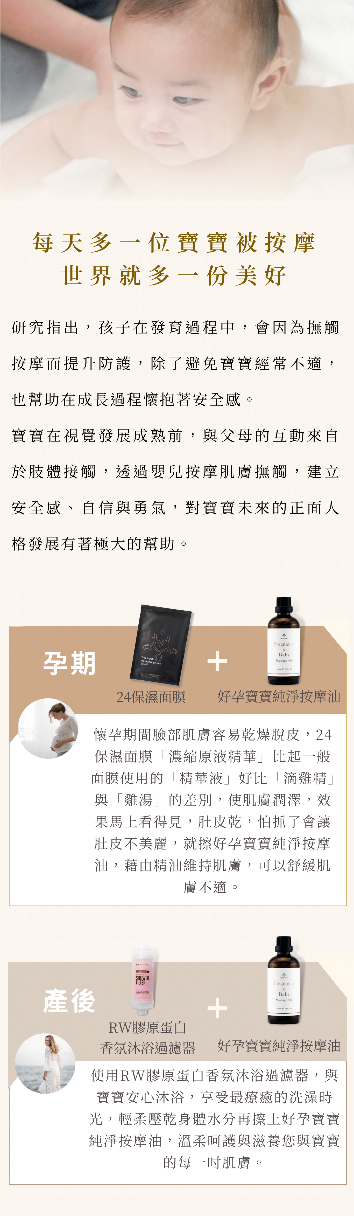 (媽媽版)好孕寶寶純淨按摩油 受眾:懷孕、有寶寶的媽咪、孕期肌膚乾燥、有細紋困擾、乾性肌膚、妊娠紋、寶寶、肚皮及腿部乾癢、寶寶皮膚乾燥脫皮 族群:孕媽咪、產後媽媽、寶寶紅屁屁、敏感肌 產品特色:孕媽咪及寶寶專用、敏感肌適用、 1.可以幫助或改善 2.產品簡介 3.特色 4.如何使用 5.成分 6.好評分享 7.加乘推薦商品 標題: 舒緩妳的孕期不適 媽媽與寶寶的專屬保養油 1.可以幫助或改善 改善孕期肚皮及腿部乾癢 產後為寶寶準備的第一瓶保養油 孕期、產後肌膚常見的問題 1.孕期肌膚乾癢,怕抓了會留疤或長出妊娠紋 2.產後壓力、荷爾蒙變化和疲勞,使媽咪的皮膚明顯變得乾燥、粗糙暗沉 *孕媽咪孕期因肌膚變化,容易乾癢或肚皮感受到擴張的不適感,藉由精油提升肌膚的潤澤度及彈性,可以舒緩肌膚不適。 *寶寶肌膚很敏感,天氣變化容易讓寶寶肌膚紅癢、乾燥、脫皮,有9成的寶寶都有肌膚問題,使用精油可以讓寶寶肌膚形成保護膜,改善肌膚問題。 2.產品簡介 好孕寶寶純淨按摩油是專為孕媽咪及寶寶調和的按摩用精油,按摩全身都沒問題! 3.特色 孕媽咪孕期雙腳容易不適,透過按摩可以改善。 寶寶半夜哭個不停,輕敲腹部有「咚咚咚」的鼓聲,透過簡單的腹部按摩,可以讓寶寶一覺到天亮。 4.如何使用 【孕媽咪】 1.輕柔按摩腹部,可潤澤肌膚,舒緩肌膚乾燥。 2.手掌按摩臀部及後腰,舒緩孕期腰部不適。 3.緩緩按摩腋下及胸部周圍,可以改善暗沉。 4.手掌由大腿慢慢按摩至小腿,舒緩肌膚壓力。 【寶寶】 1.從小腿開始,緩緩往上按摩,可以用手掌輕輕揉捏,力道不要太大。 2.用手掌按摩寶寶的肚子,順時針按摩,可以舒緩、減少寶寶的不適感。 3.讓寶寶趴臥在腿部,輕輕按摩臀部、脊椎跟背部,可以放鬆寶寶的肌膚。 5.成分 7種精油+1基底油=天然配方 檸檬精油、葡萄柚精油、甜橙精油、紅橙精油(懷孕首選精油)-孕婦首選最安全的精油。帶有柑橘香調,紅橙的香氣帶給人溫暖感受,可減緩孕期孕吐與不適。 寶寶:芸香科香甜的氣息,帶來愉悅的心情與溫暖的感受。 羅馬洋甘菊精油(長者與小孩首選精油)-又稱為「地上的蘋果」幫助釋放緊繃的情緒,羅馬洋甘菊柔和的氣味,被認為適合守護新生兒心性穩定的香氣。 新生兒因為從暗黑的母體肚中來到有光線的世界,需要一段時間適應白天黑夜的週期,適合使用有大量陽光能量的柑橘類精油搭配羅馬洋甘菊。 薰衣草精油、苦橙葉精油(平靜和舒緩的搖籃曲)-薰衣草以鎮定舒緩聞名,搭配抗憂鬱的苦橙葉,能安撫情緒,使心情煥然一新,當覺得孤獨、低落,尤其是長期感到無力疲憊,苦橙葉可以幫助改善憂鬱的情緒,它就像是一位話少但具有洞察力的朋友,安靜地陪伴妳。 天然甜杏仁基底油-甜杏仁油很溫和,富含豐富維他命E,敏感性肌膚也可以放心使用。 6.好評分享 小姐1好孕寶寶純淨按摩油擁有SGS檢驗合格證書,濃度1%符合芳香療法規定,用在寶寶和媽媽自己身上才有保障。 小姐2 幫女兒從出生開始按摩,好孕寶寶純淨按摩油用在新生兒完美的皮膚上,寶寶情緒好媽媽心情也很放鬆。 小姐3 好孕寶寶純淨按摩油質地非常適合用在孕婦跟寶寶身上,味道很適合孕婦,很舒壓,非常推薦孕婦與寶寶一定要用! 小姐4 我全身擦完之後會特別加強在肚皮,好孕寶寶純淨按摩油非常好吸收也不黏膩! 7.加乘推薦商品 孕期 24保濕面膜+好孕寶寶純淨按摩油 懷孕期間臉部肌膚容易乾燥脫皮,24保濕面膜「濃縮原液精華」比起一般面膜使用的「精華液」好比「滴雞精」與「雞湯」的差別,使肌膚潤澤,效果馬上看得見;肚皮乾癢,怕抓了會讓肚皮不美麗,就擦好孕寶寶純淨按摩油,藉由精油恢復肌膚彈性,可以舒緩肌膚不適。 產後 RW膠原蛋白香氛沐浴過濾器+好孕寶寶純淨按摩油 使用RW膠原蛋白香氛沐浴過濾器,與寶寶安心沐浴,享受最療癒的洗澡時光,輕柔壓乾身體水分再擦上好孕寶寶純淨按摩油,溫柔呵護與滋養您與寶寶的每一吋肌膚。