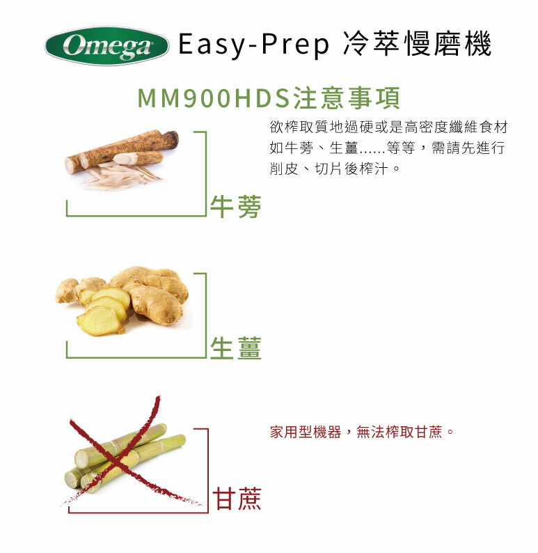Omega Easy-Prep 冷萃慢磨機MM900HDS注意事項牛蒡欲榨取質地過硬或是高密度纖維食材如牛蒡、等等,需請先進行削皮、切片後榨汁。生薑甘蔗家用型機器,無法榨取甘蔗。