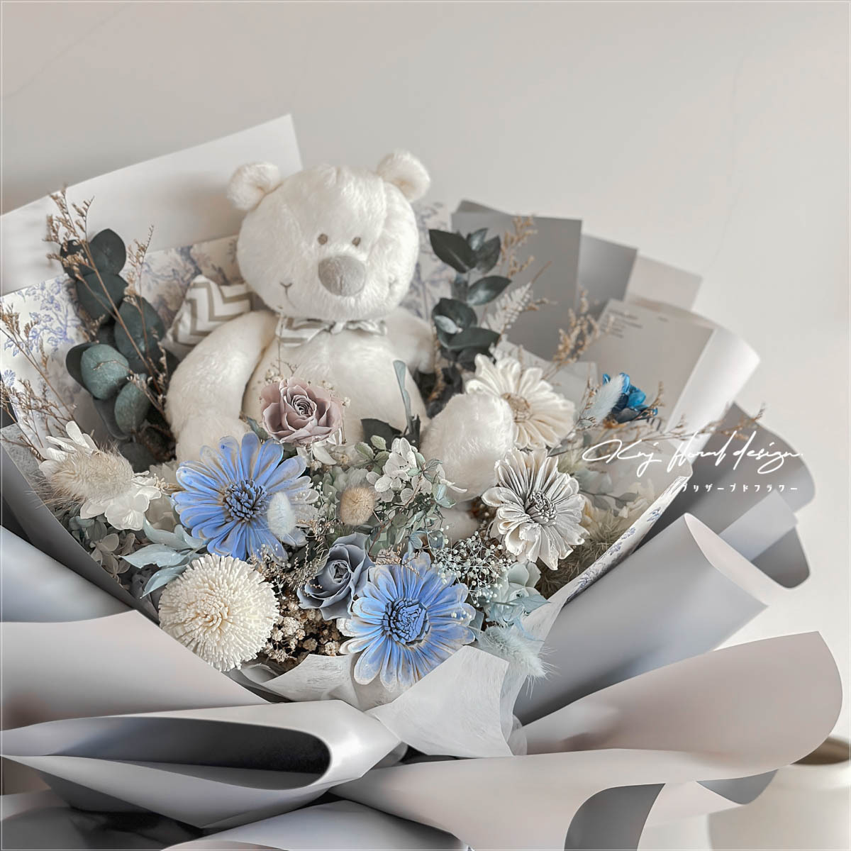 熊抱永生玫瑰花束-藍