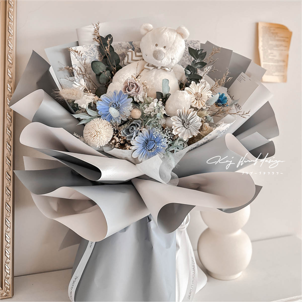 熊抱永生玫瑰花束-藍