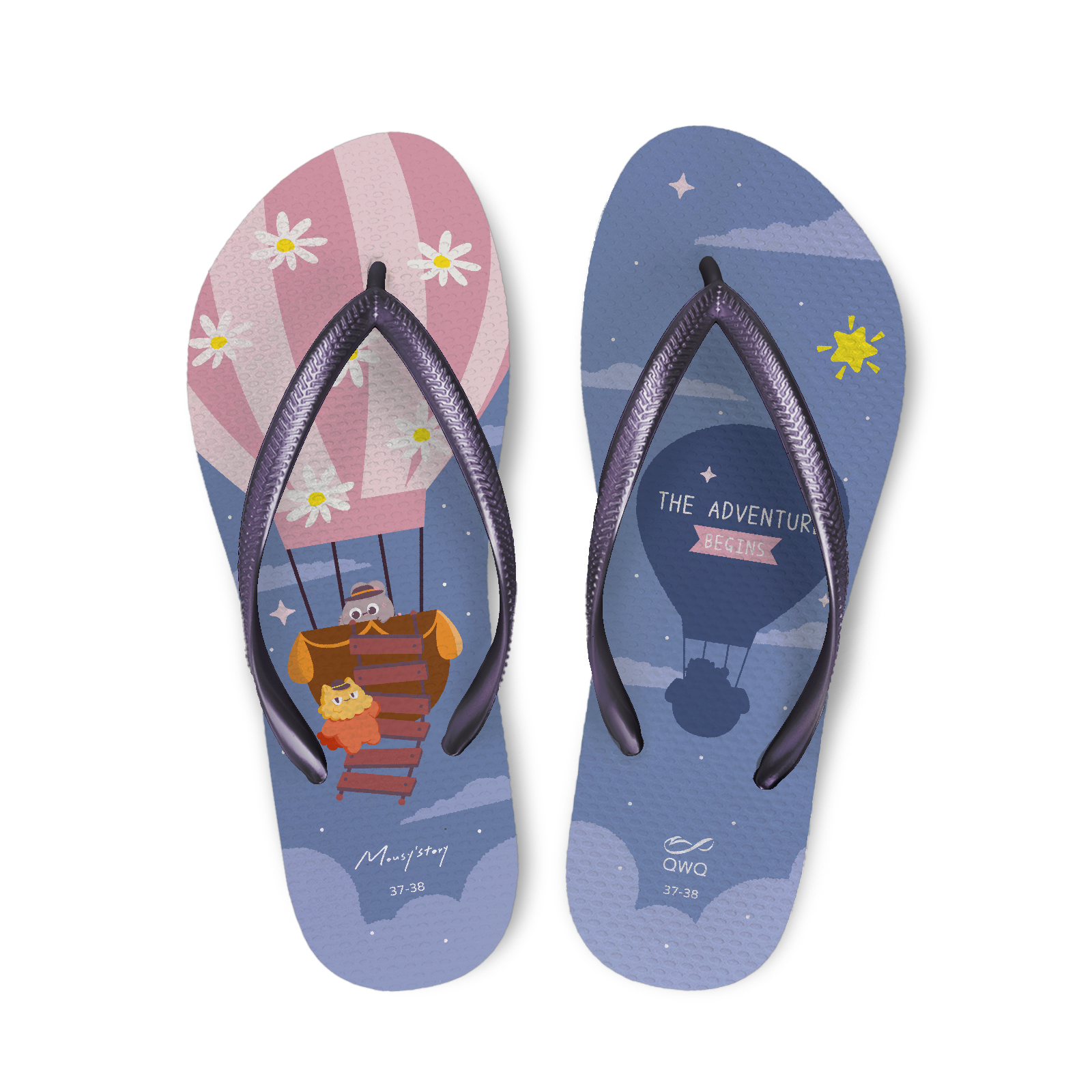 小鼠手札 熱氣球 女款細帶人字夾腳拖鞋 星空紫