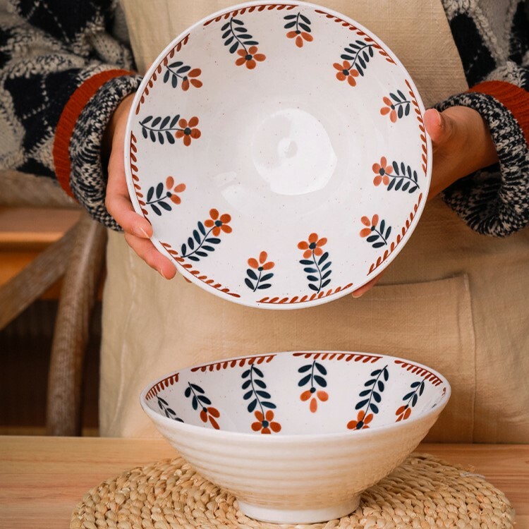 《4226》日式藍色小紅花陶瓷拉麵湯碗