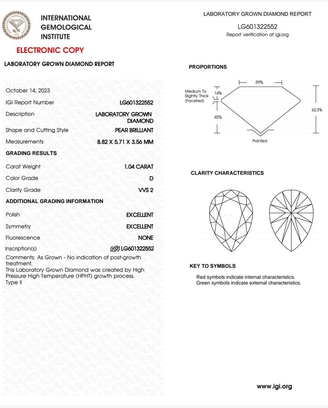 IGI LAB GROWN 1.04 D VVS2 2EX NON