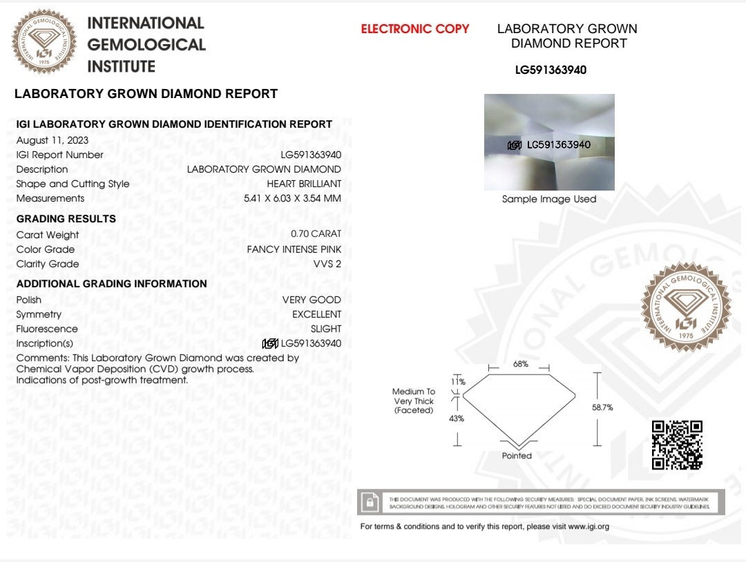 IGI LAB GROWN 0.70 F.I.P VVS2 VG EX SLIGHT