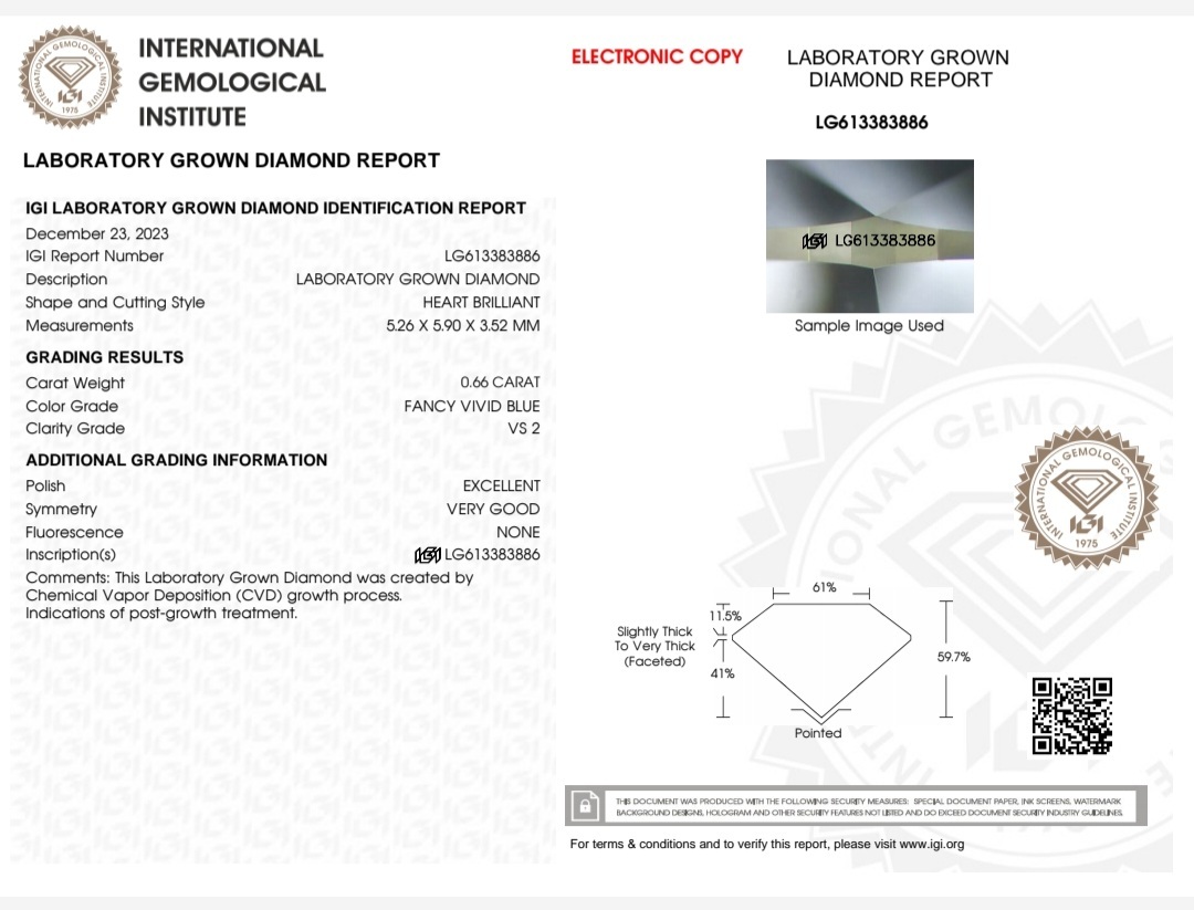 IGI LAB GROWN 0.66 F.V.B VS2 EX VG N