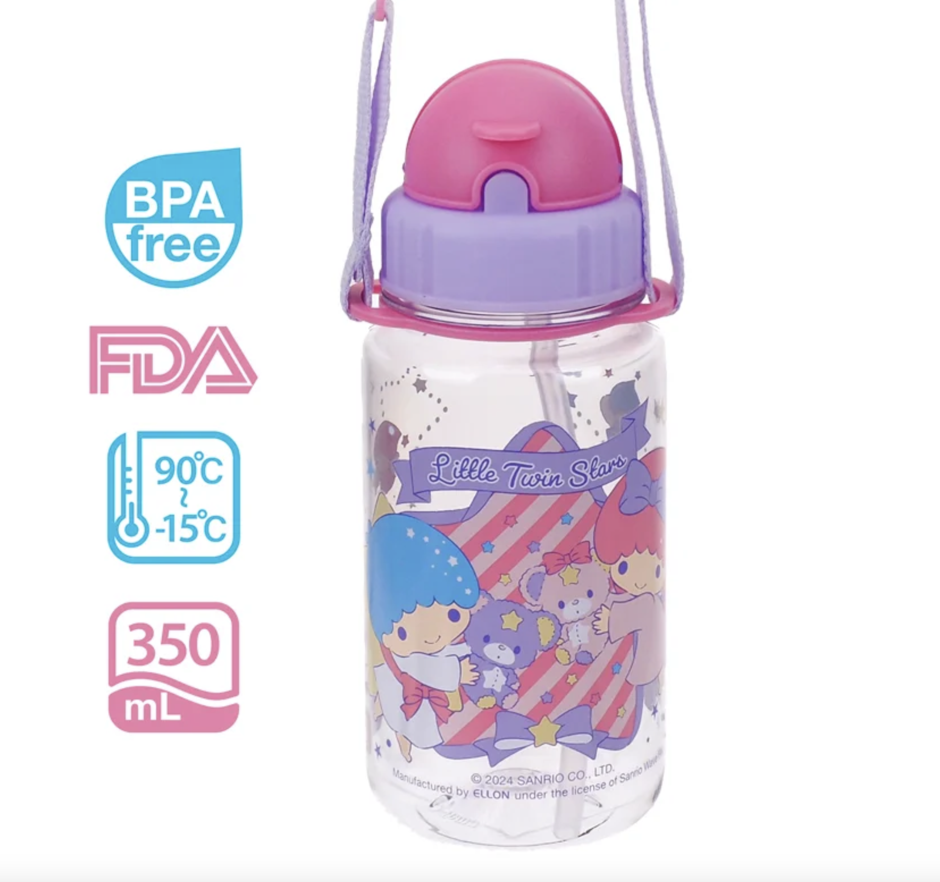 Little Twin Stars 350ml BPA Free 膠水樽連飲管及頸繩 9-4980-38