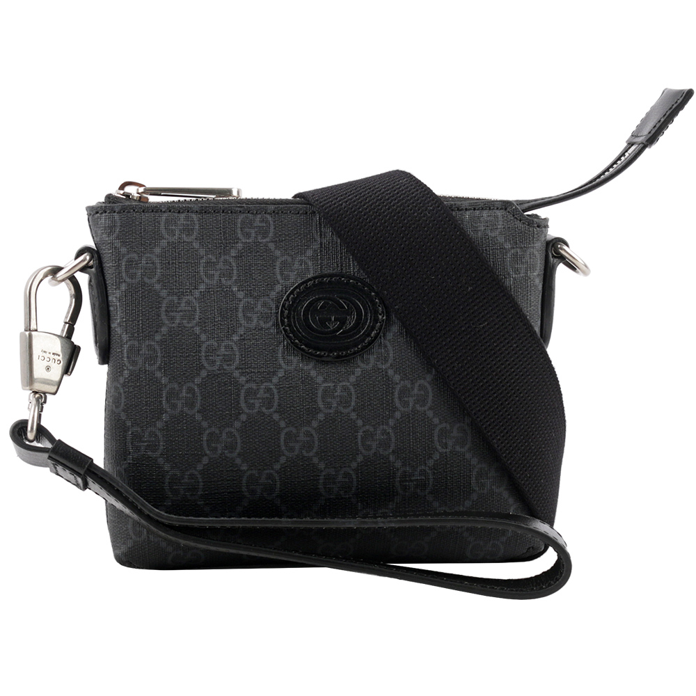 【GUCCI】Interlocking G 標誌附手提把迷你郵差包(黑灰色) 723306 92THN 1000