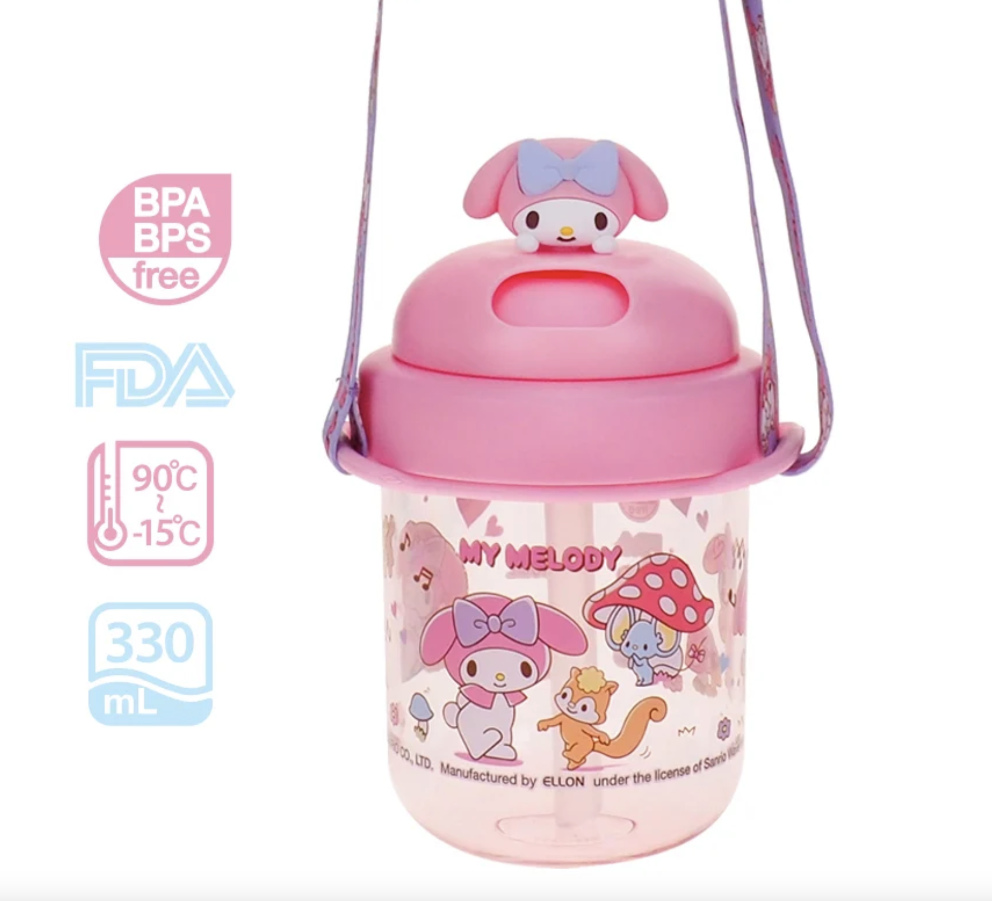 My Melody 330ml BPA & BPS Free 膠水樽連飲管及頸繩 9-8329-2