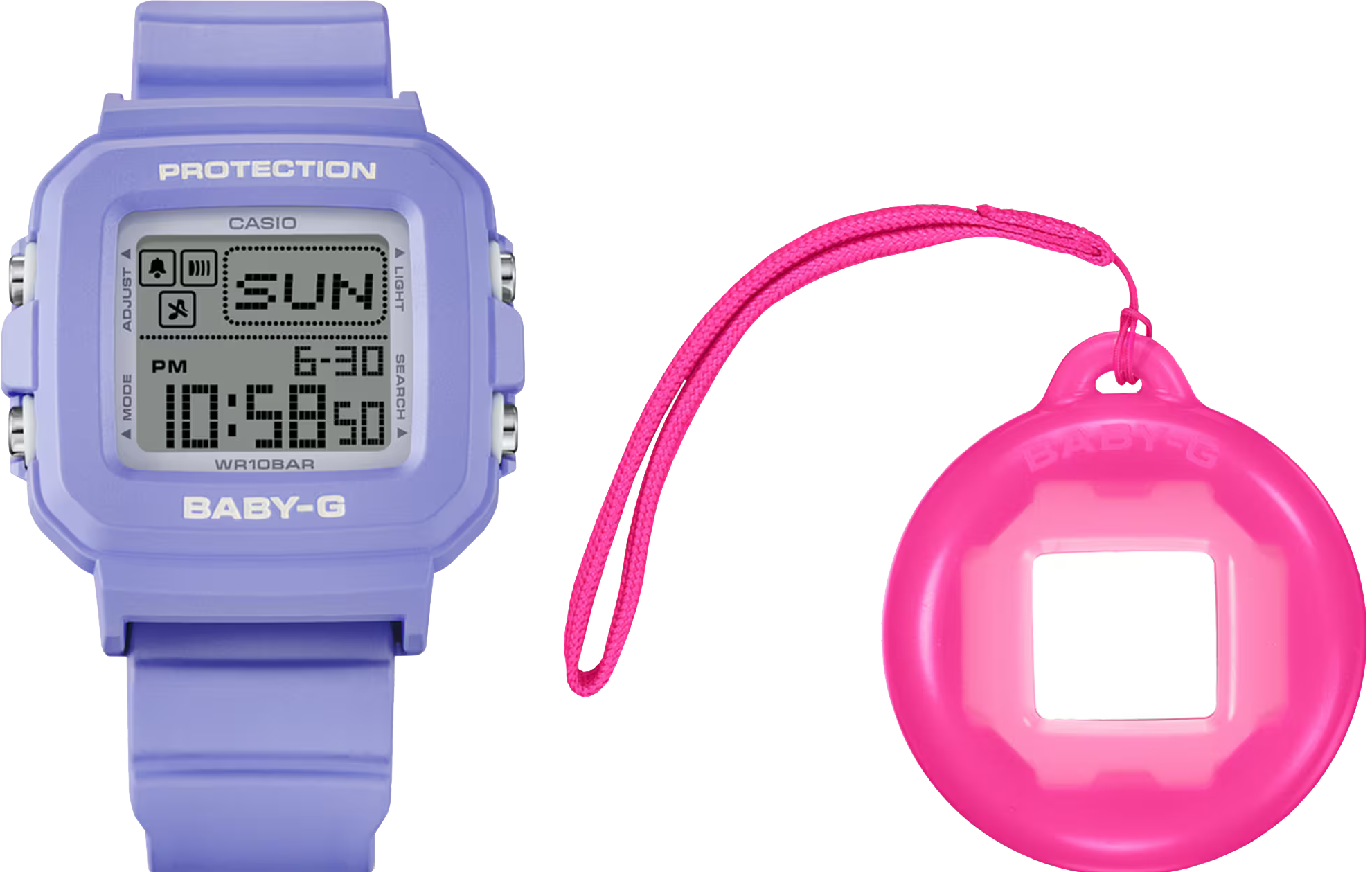 萬年鐘錶 - BABY-G G+PLUS  30 週年慶 特邀酷洛米成為 BABY-G 大使  薰衣草紫-方形運動電子錶可變換錶殼成為吊飾   BGD-10K-6 錶徑 : 39 MM