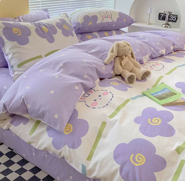 Hot selling four-piece small fresh pure cotton bed set (Huatu Qingyuan-Purple [100% combed cotton, skin-friendly and naked sleeping] [1.5-meter bed (sheet style four-piece set) suitable for 200*230cm quilt core])