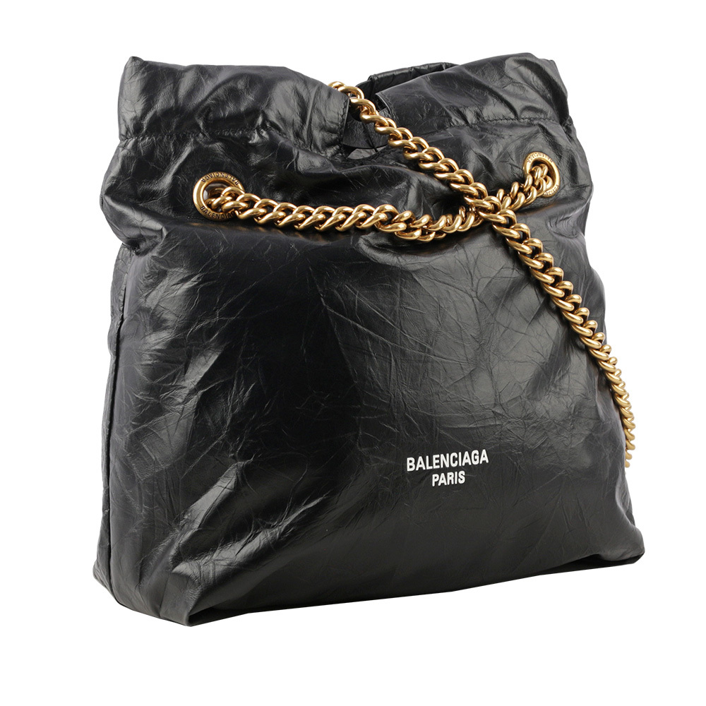 【BALENCIAGA】CRUSH 金鍊小牛皮小款肩背/斜背托特包(黑色) 742942 210IT 1000