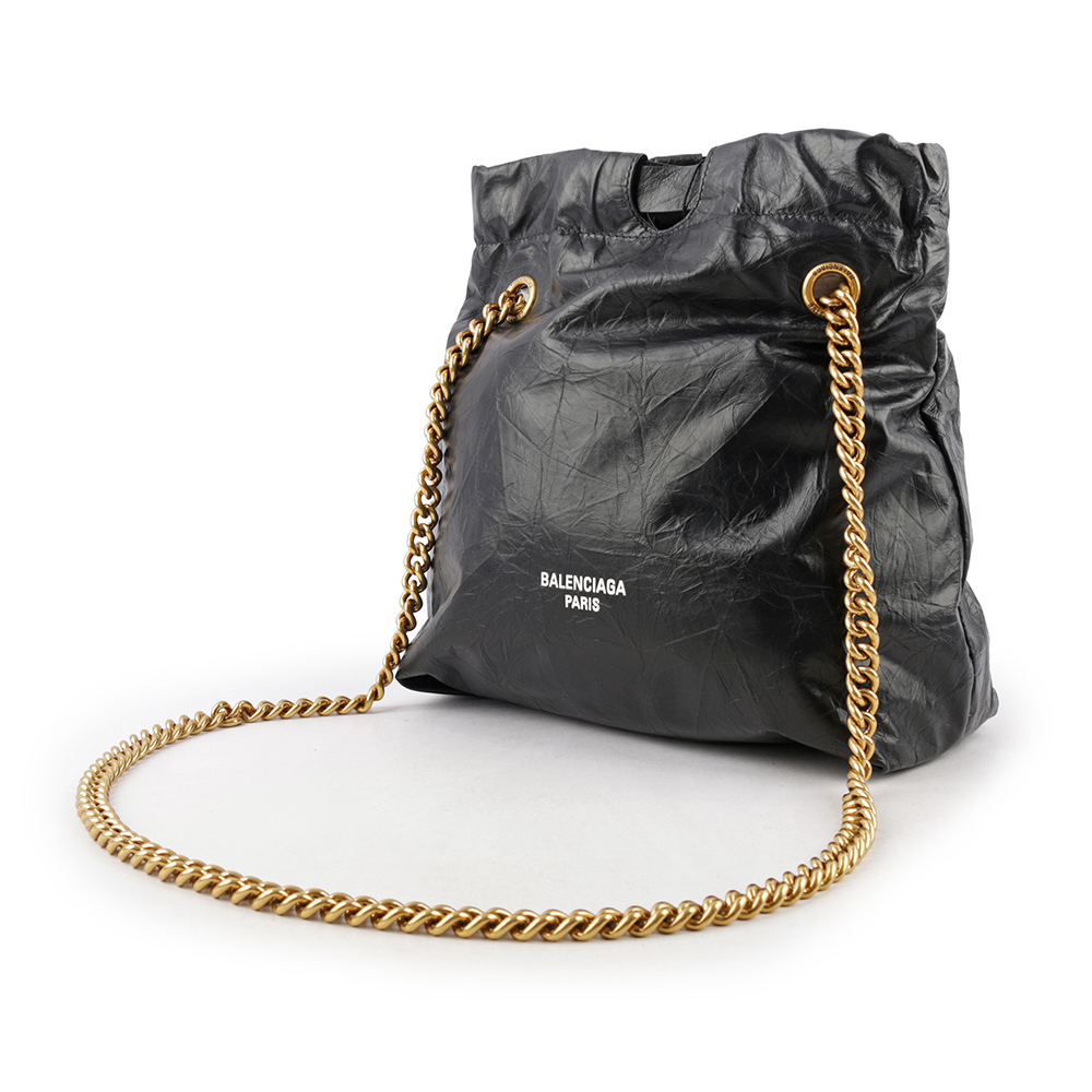 【BALENCIAGA】CRUSH 金鍊小牛皮小款肩背/斜背托特包(黑色) 742942 210IT 1000