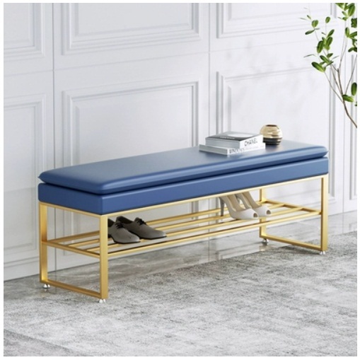 Popular shoe changing stool, door shoe rack, bench, door shoe cabinet (blue + gold feet) 100x30x45cm