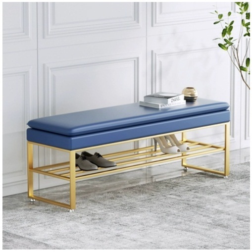 Popular shoe changing stool, door shoe rack, bench, door shoe cabinet (blue + gold feet) 120x30x45cm