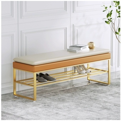 Popular shoe changing stool, door shoe rack, bench, door shoe cabinet (khaki+white+gold feet) 120x30x45cm