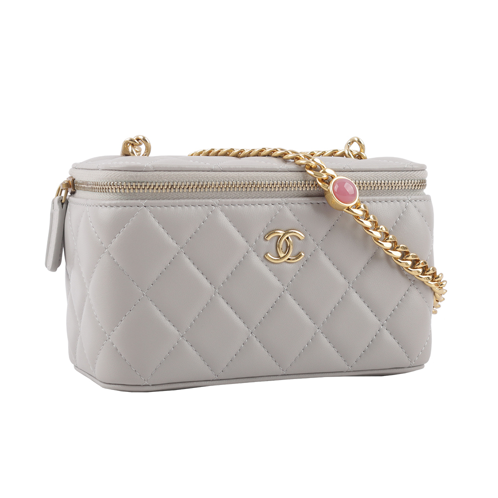 【CHANEL】霧金釦菱格紋小羊皮寶石鍊帶小方盒(灰色) AP2937 B08845 NJ530
