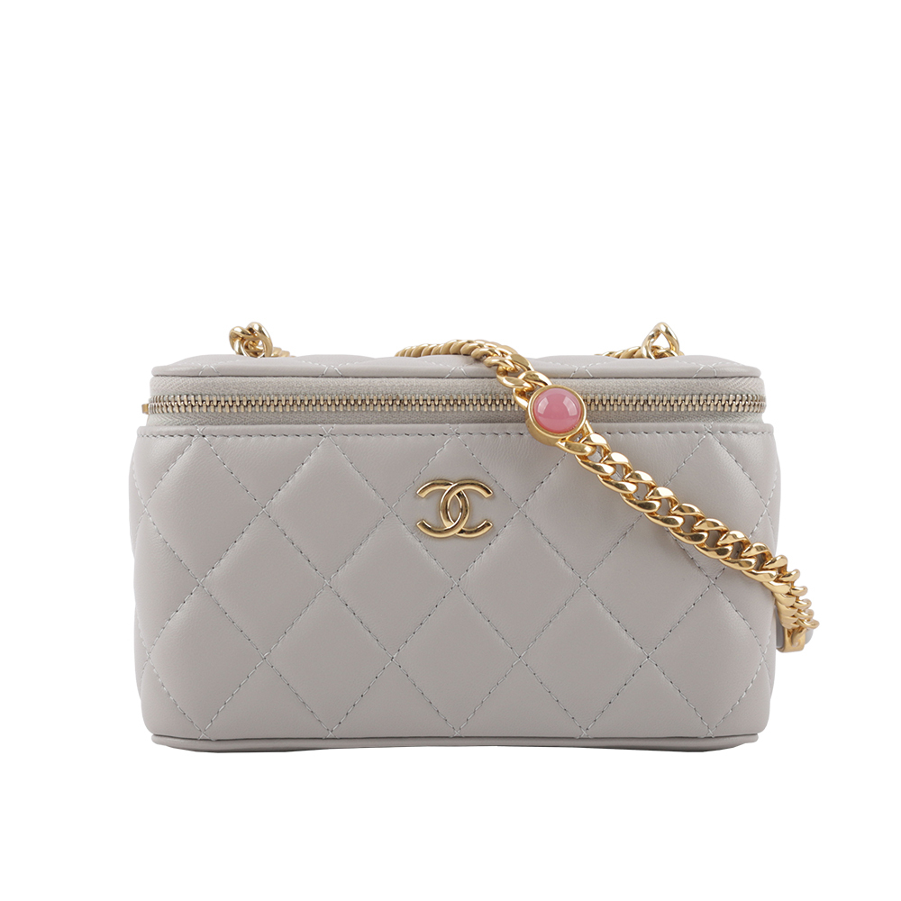 【CHANEL】霧金釦菱格紋小羊皮寶石鍊帶小方盒(灰色) AP2937 B08845 NJ530