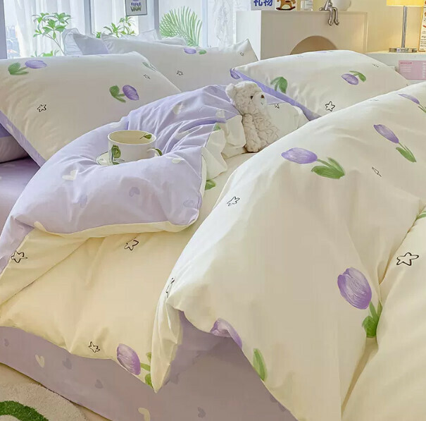 Hot selling four-piece small fresh pure cotton bed set (Tulip-meter [100% combed cotton, skin-friendly and naked sleeping] [1.2-meter bed (three-piece bed sheet set) suitable for 150*200cm quilt core])